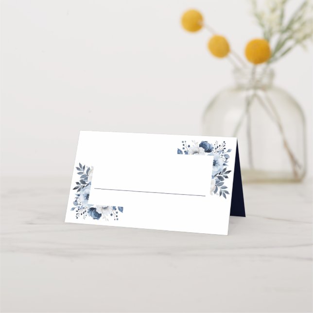 Navy Blue and White Elegant Floral Wedding Place Card (Front)