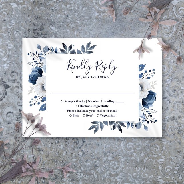 Navy Blue And White Elegant Floral Wedding RSVP Card (Creator Uploaded)