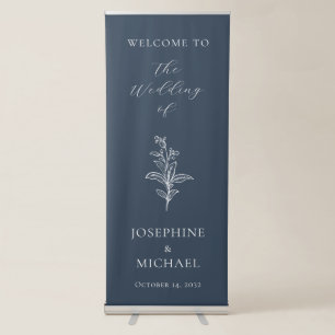 Navy Blue and White Elegant Simple Botanical Retractable Banner