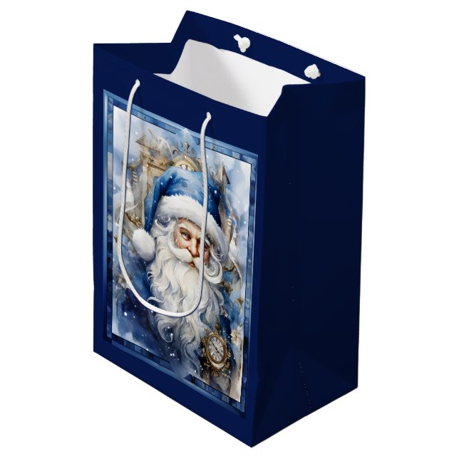 Navy Blue and White Father Christmas Medium Gift Bag (Front Angled)