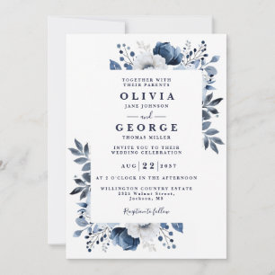 Navy Blue And White Floral All In One Wedding Invitation