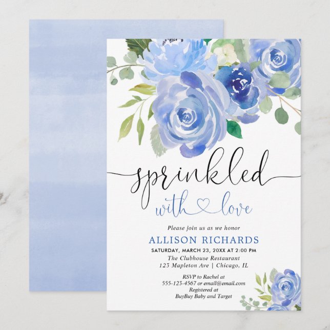 Navy blue and white floral baby sprinkle boy invitation (Front/Back)