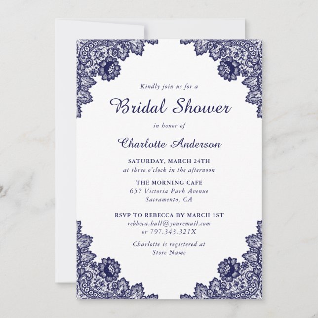 Navy Blue and White Floral Bridal Shower Invitation (Front)
