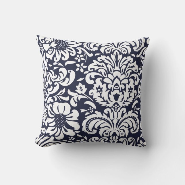 Navy Blue and White Floral Damask Cushion (Front)