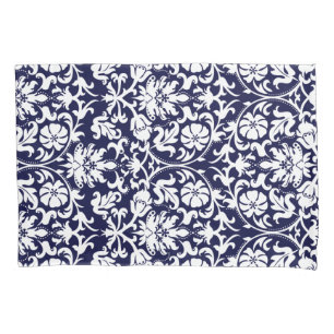 Navy Blue and White Floral Damask Pillowcase