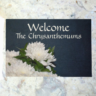 Navy Blue and White Floral Mums Welcome Doormat