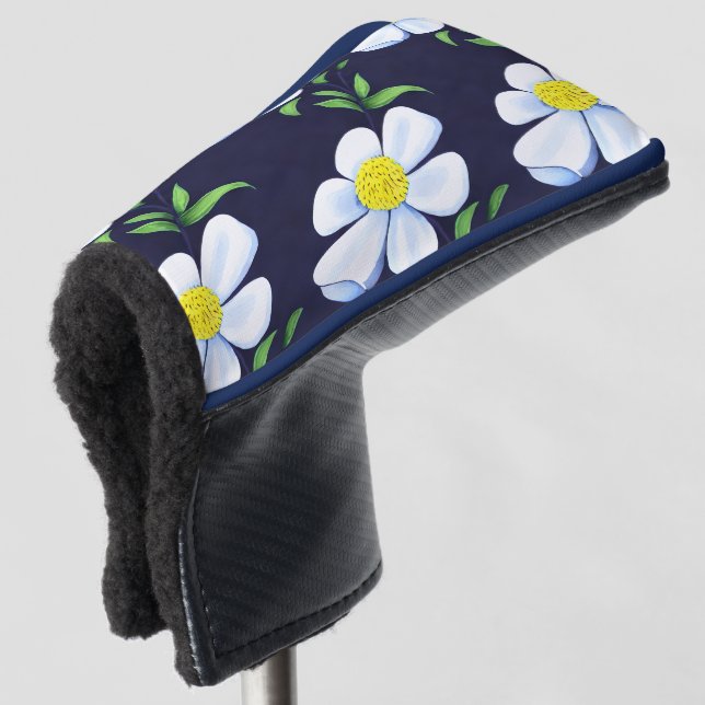 Navy Blue and White Floral Pattern Golf Head Cover (3/4 Front)
