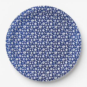 Navy blue and white floral pattern paper plate