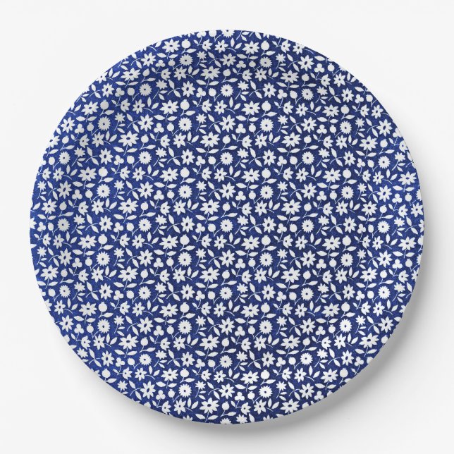 Navy blue and white floral pattern paper plate (Front)