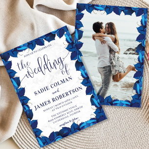 Navy Blue and White Floral Photo Frame Wedding Invitation