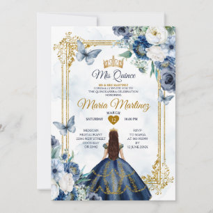 Navy Blue And White Floral Princess Quiñceanera Invitation