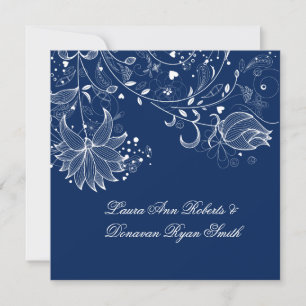 Navy Blue and White Floral Swirls Post Wedding Invitation