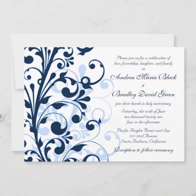 Navy Blue and White Floral Wedding Invitation (Front)