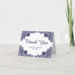 Navy Blue and White Floral Wedding Thank You Card