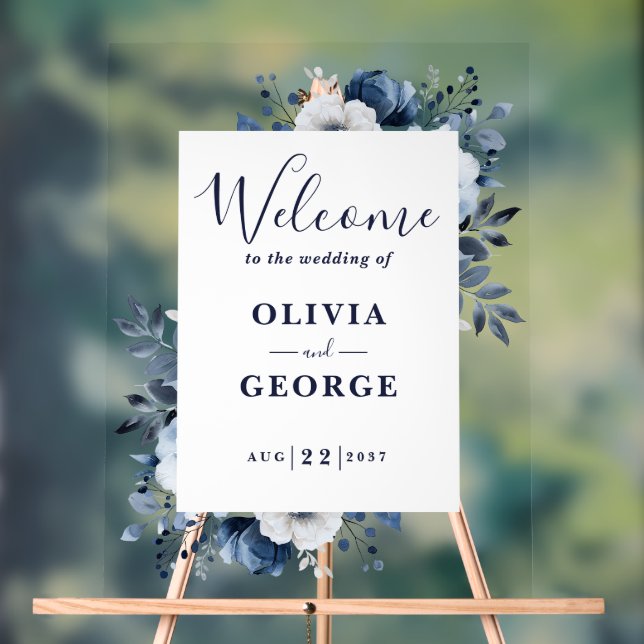Navy Blue And White Floral Wedding Welcome Sign (Neutral)