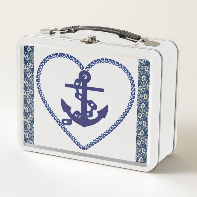 Navy Blue And White Floral, White Metal Lunch Box (Front)