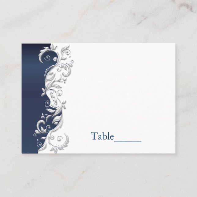 Navy Blue and White Florid Wedding Escort Cards (Front)