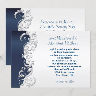 Navy Blue and White  Florid Wedding Invitation