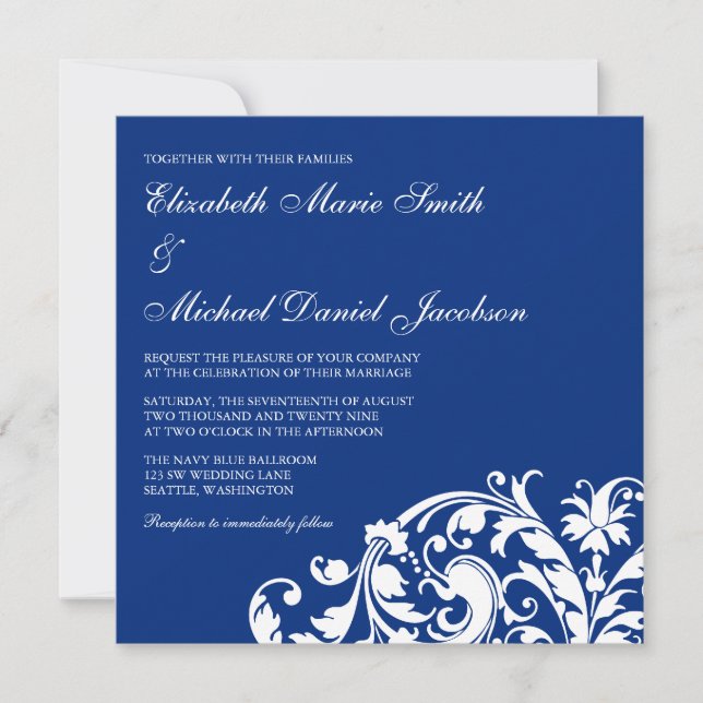 Navy Blue and White Flourish Swirl Wedding Invitation (Front)