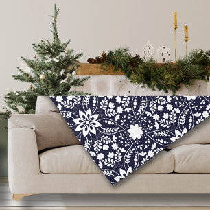 Navy Blue and White Folk Floral Pattern Fleece Blanket