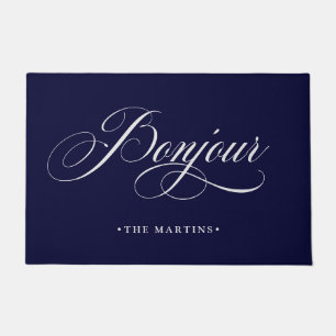 Navy Blue and White French Script Bonjour Doormat