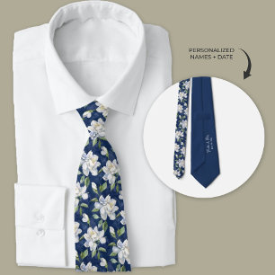 Navy Blue and White Gardenia Floral  Tie