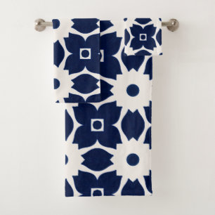 Navy Blue and White Geometric Floral Bath Towel Set