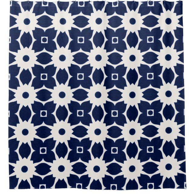 Navy Blue and White Geometric Floral Shower Curtain (Front)