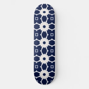 Navy Blue and White Geometric Floral Skateboard