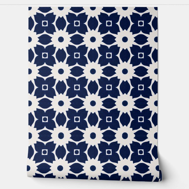 Navy Blue and White Geometric Floral Wallpaper (Unrolling)