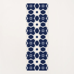 Navy Blue and White Geometric Floral Yoga Mat