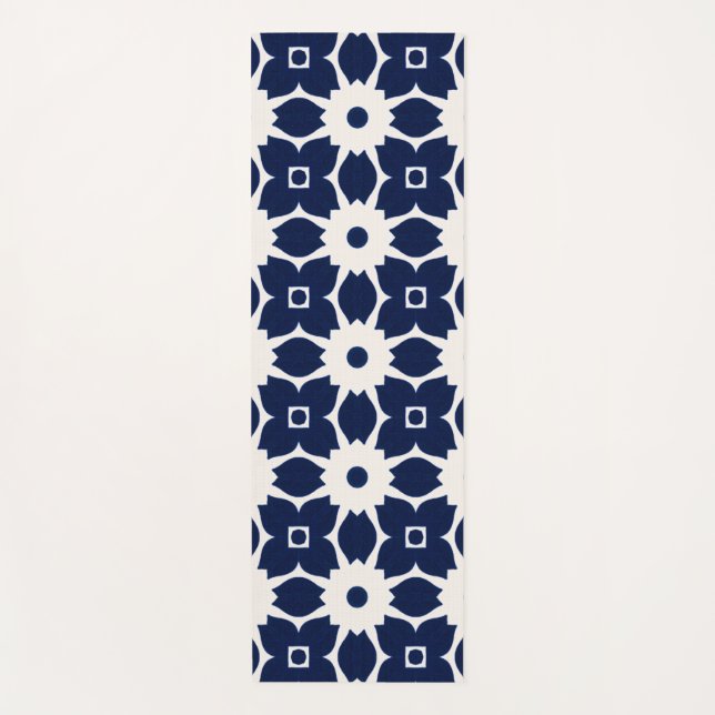 Navy Blue and White Geometric Floral Yoga Mat (Front)