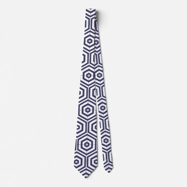 Navy Blue and White Geometric Hexagons Unique Tie (Front)