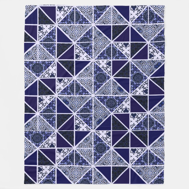 Navy Blue and White geometric quilt Fleece Blanket (Front)