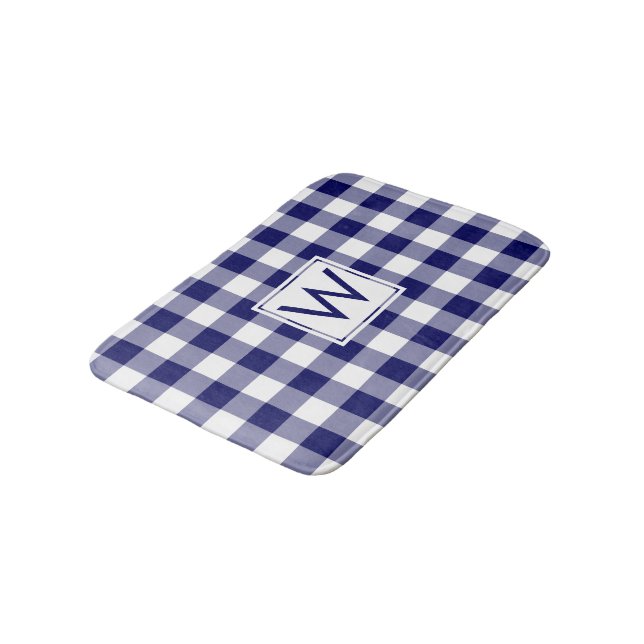 Navy Blue and White Gingham Pattern with Monogram Bath Mat (Angled)