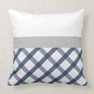 Navy Blue and White Gingham with Light Grey accent Cushion