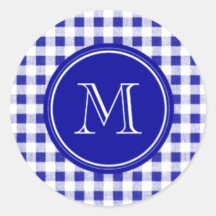 Navy Blue and White Gingham, Your Monogram Classic Round Sticker