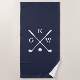Navy Blue and White Golf Clubs Monogram Golf Beach Towel