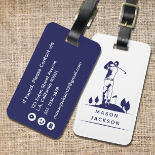 Navy Blue and White Golfer Illustration Masculine Luggage Tag