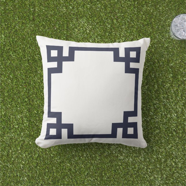 Navy Blue and White Greek Key Border Cushion (Grass)