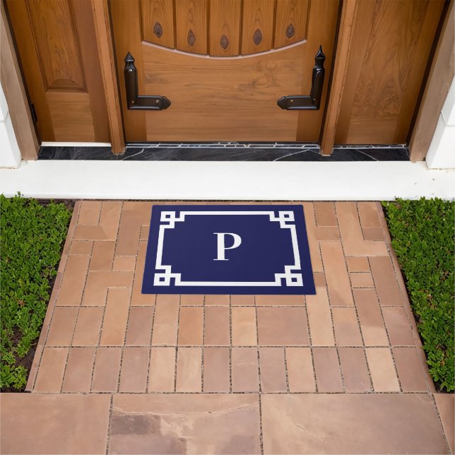 Navy Blue and White Greek Key Border Monogram Doormat (Outdoor)