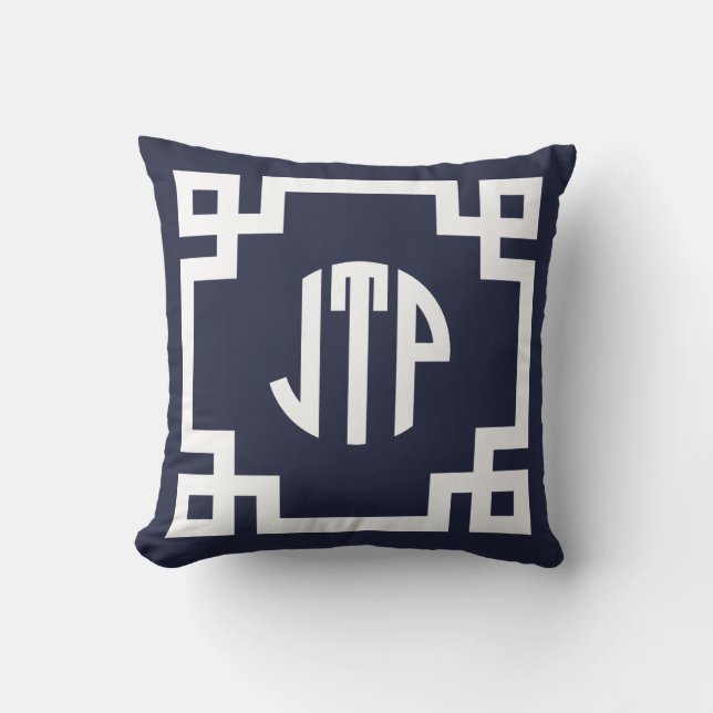 Navy Blue and White Greek Key Circle Monogram JTP Cushion (Front)