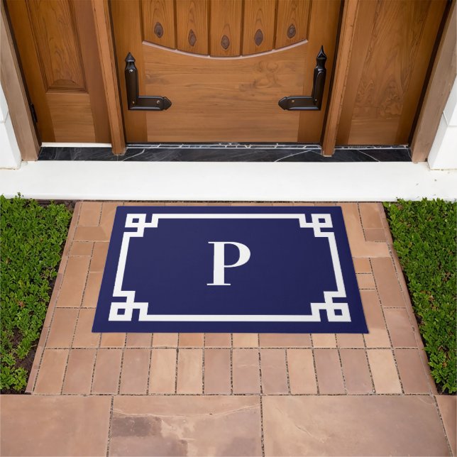 Navy Blue and White Greek Key Frame Monogram Doormat (Outdoor)