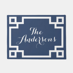 Navy Blue and White Greek Key Monogram Doormat