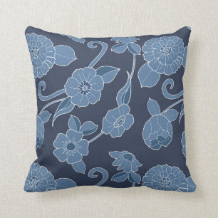 Navy Blue and White Hamptons Bold Floral Pattern Cushion