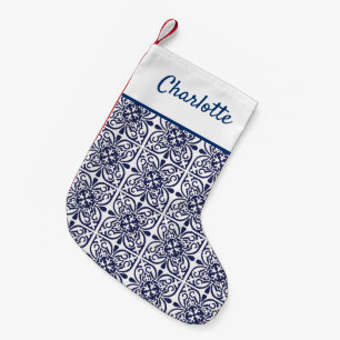 Navy Blue and White Hamptons Style Moroccan Tiled Small Christmas Stocking