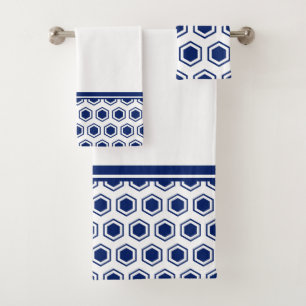Navy Blue and White Hexagonal Pattern Bath Towel Set