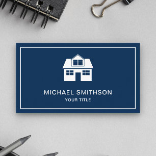 Navy Blue and White Home Icon Real Estate Agent Business Card