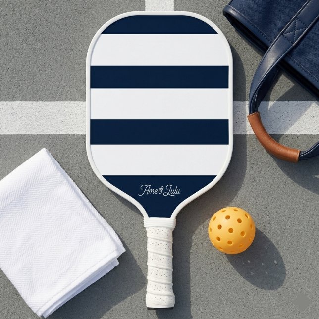 Navy Blue and White Horizontal Stripes Pickleball Paddle (Creator Uploaded)