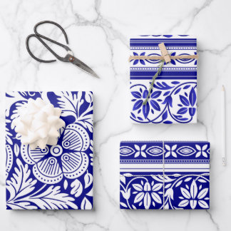 Navy Blue and White Indian Floral Pattern Wrapping Paper Sheet